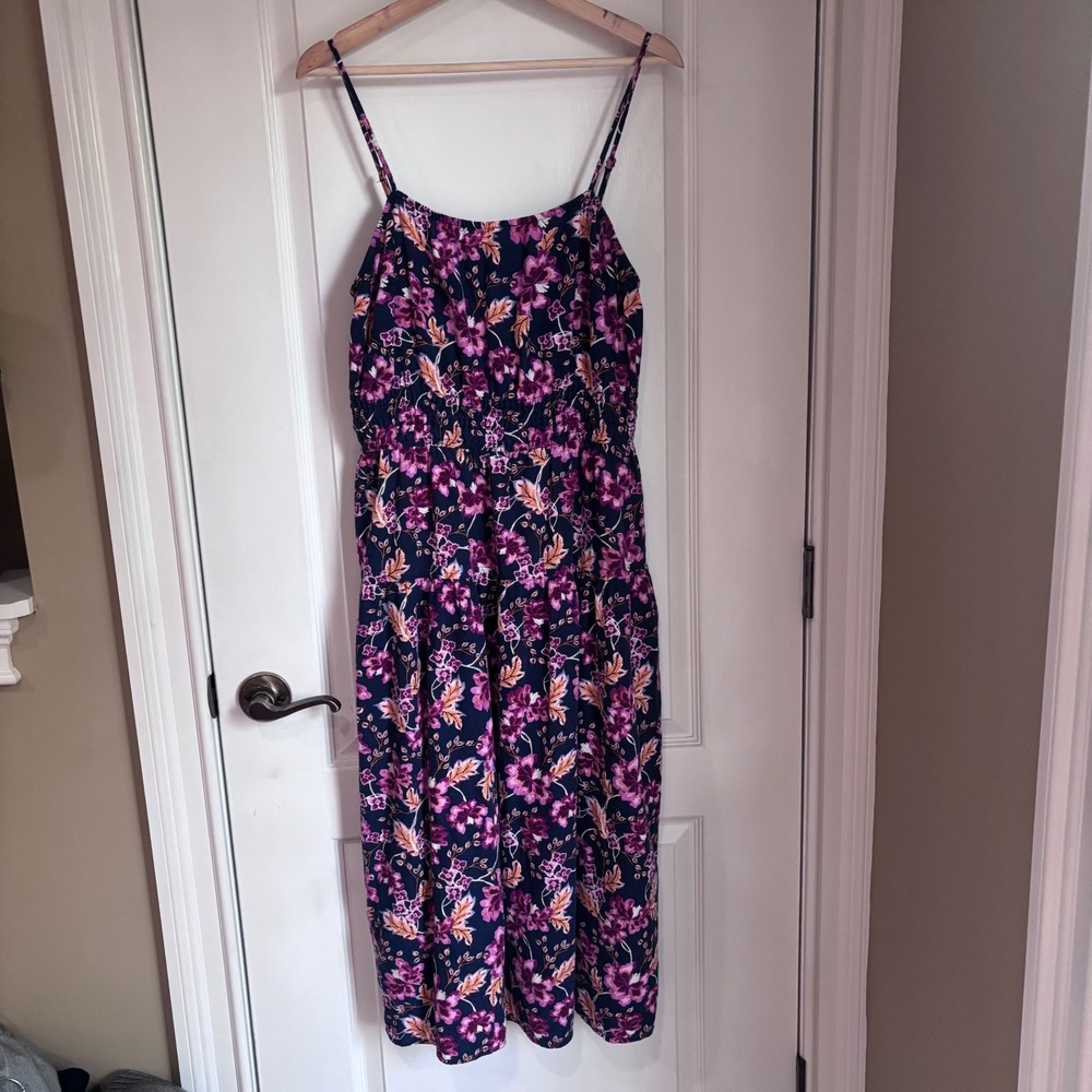Old Navy Womens Summer Floral Linen Blend Smocked Midi Dress Navy Purple Large
